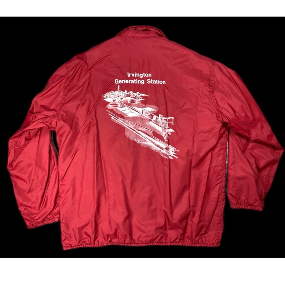 Vintage Coach Jacket Red Snap Button Back Graphic Pla-Jac Dunbrooke Mens Large